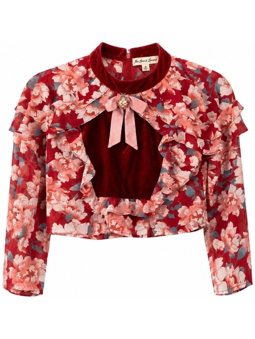 For Love & Lemons Blossom Floral Velvet Crop Top Ladybug Charm Bow Small New